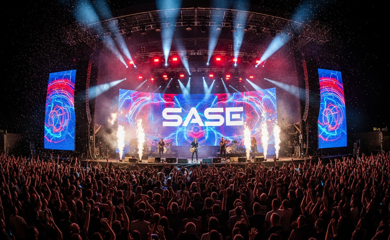 Firefly Gemini Flash Large stage for a rock concert with a raving crowd and lights smoke and a large LED 443531