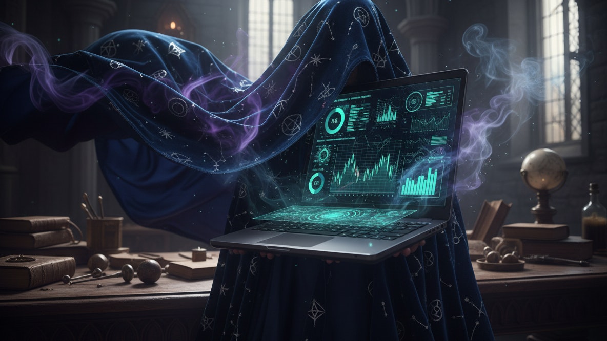 Firefly Gemini Flash an image of a laptop with a business application on the screen surrounded by a cloak 284858