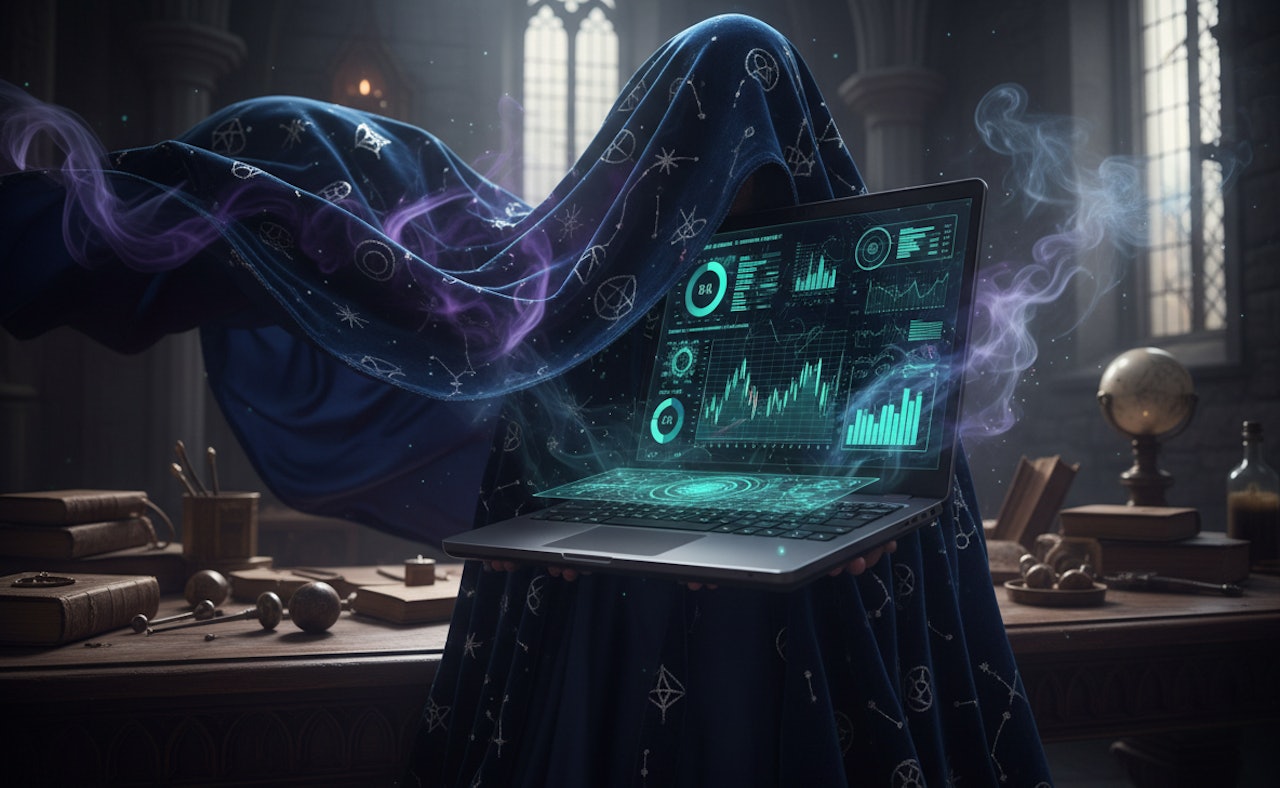 Firefly Gemini Flash an image of a laptop with a business application on the screen surrounded by a cloak 284858