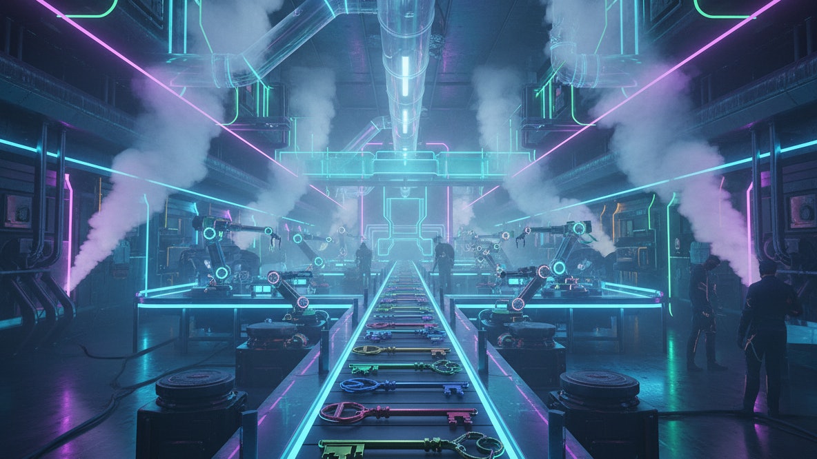 Firefly Gemini Flash futuristic key factory with steam colourful neon and a assembly line 545041