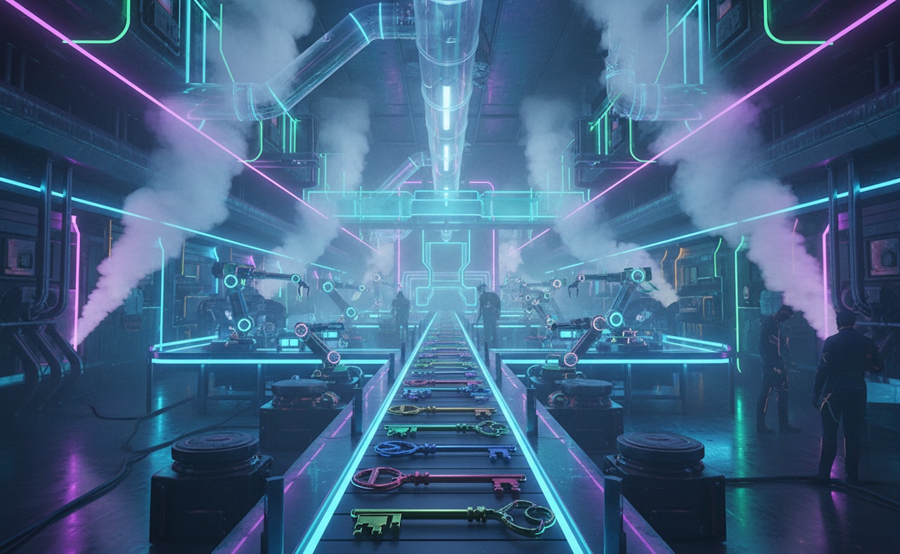 Firefly Gemini Flash futuristic key factory with steam colourful neon and a assembly line 545041