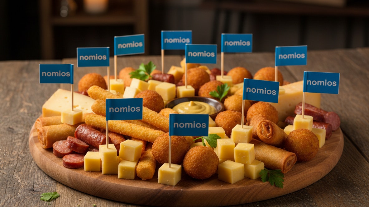 Firefly Gemini Flash Bittergarnituur schaal met snacks kaas en kleine blauwe vlaggetjes in de snacks met 594841